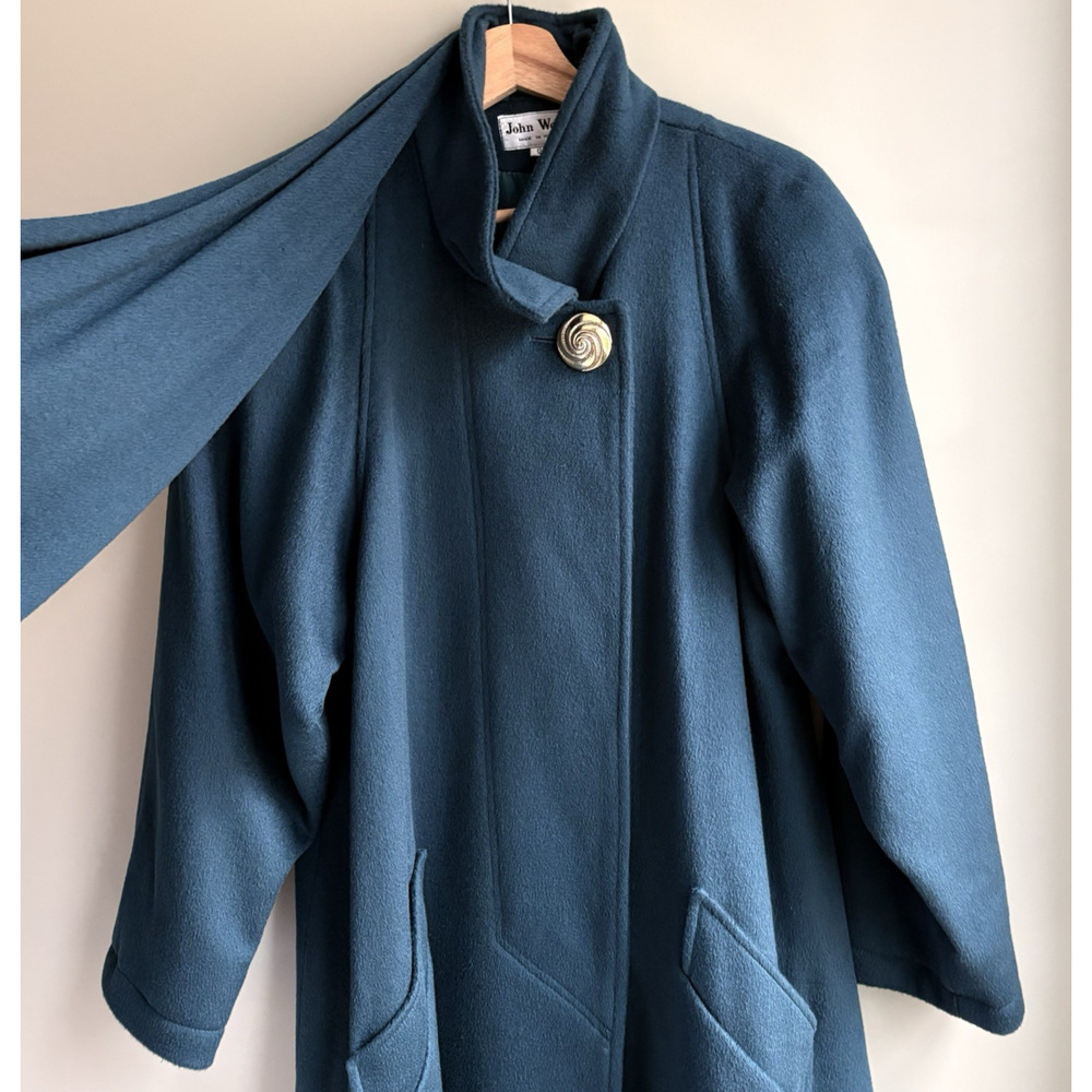Vintage John Weitz Wool Overcoat Teal Gold Button Draped Scarf Collar Poland 12 - Picture 12 of 16
